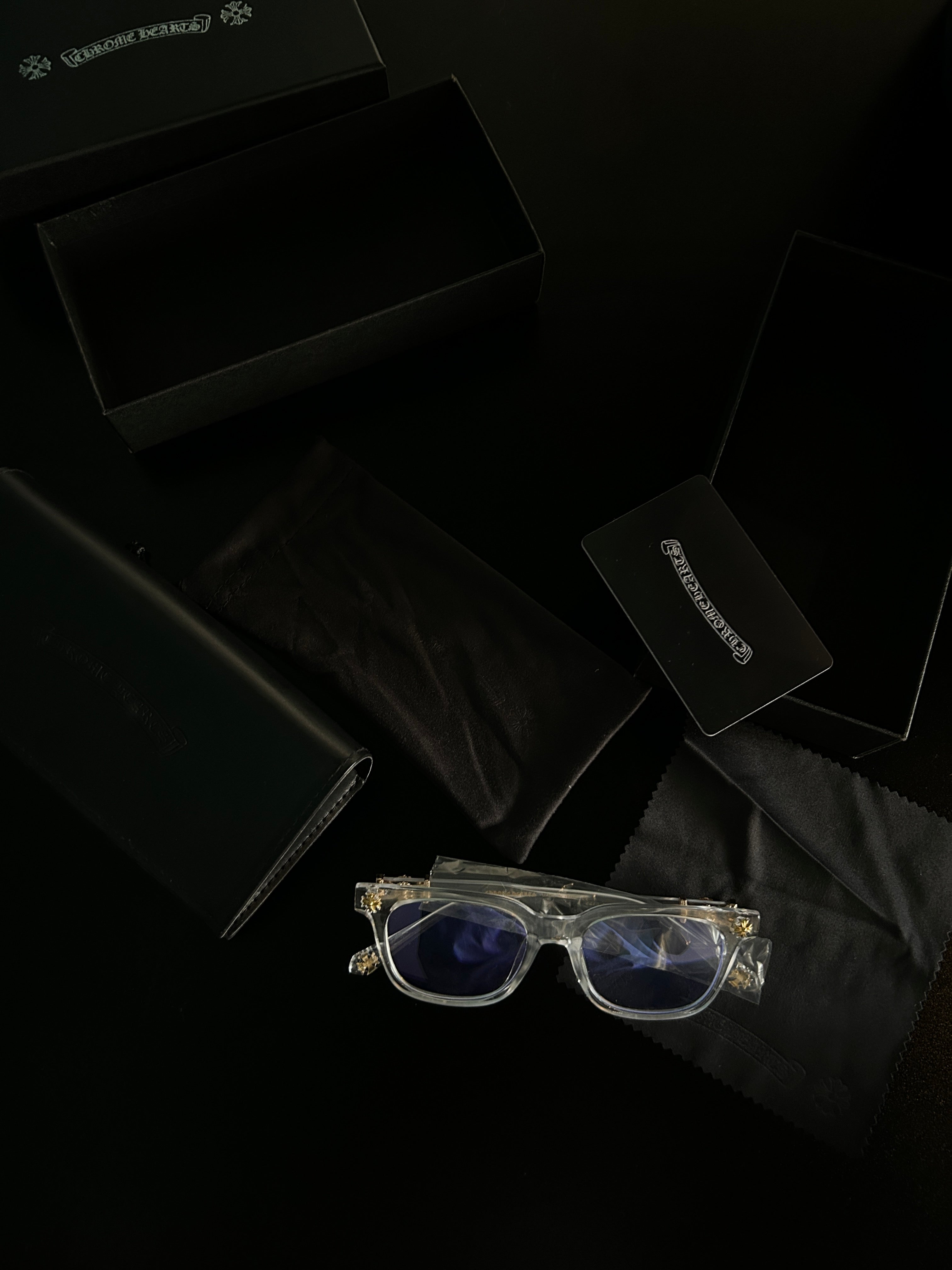 Chrome heart glasses - clear & gold badges