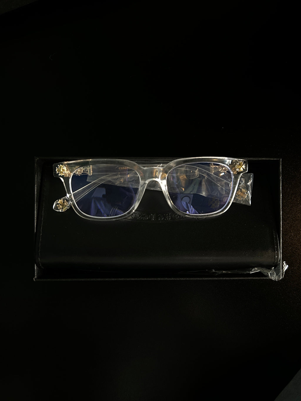 Chrome heart glasses - clear & gold badges