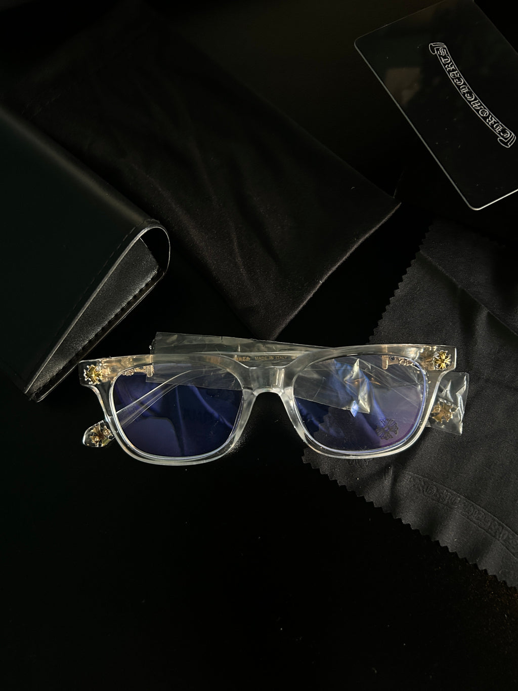 Chrome heart glasses - clear & gold badges