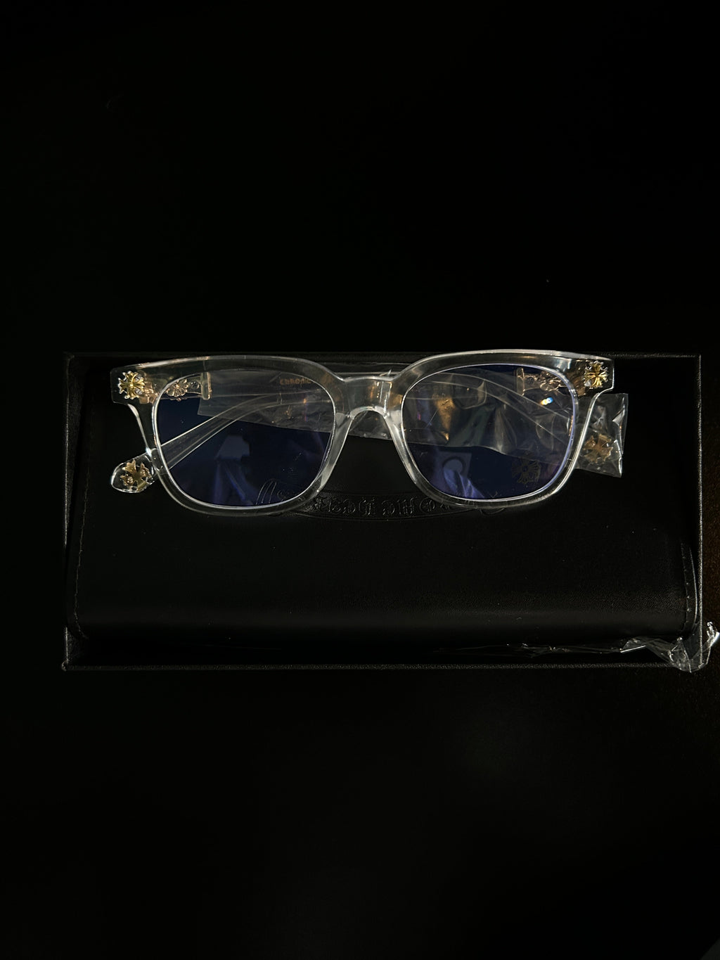 Chrome heart glasses - clear & gold badges