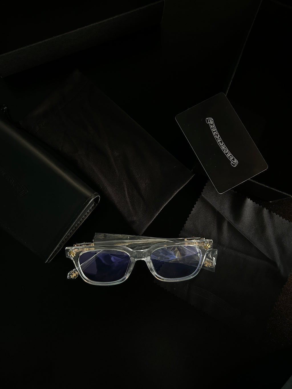 Chrome heart glasses - clear & gold badges